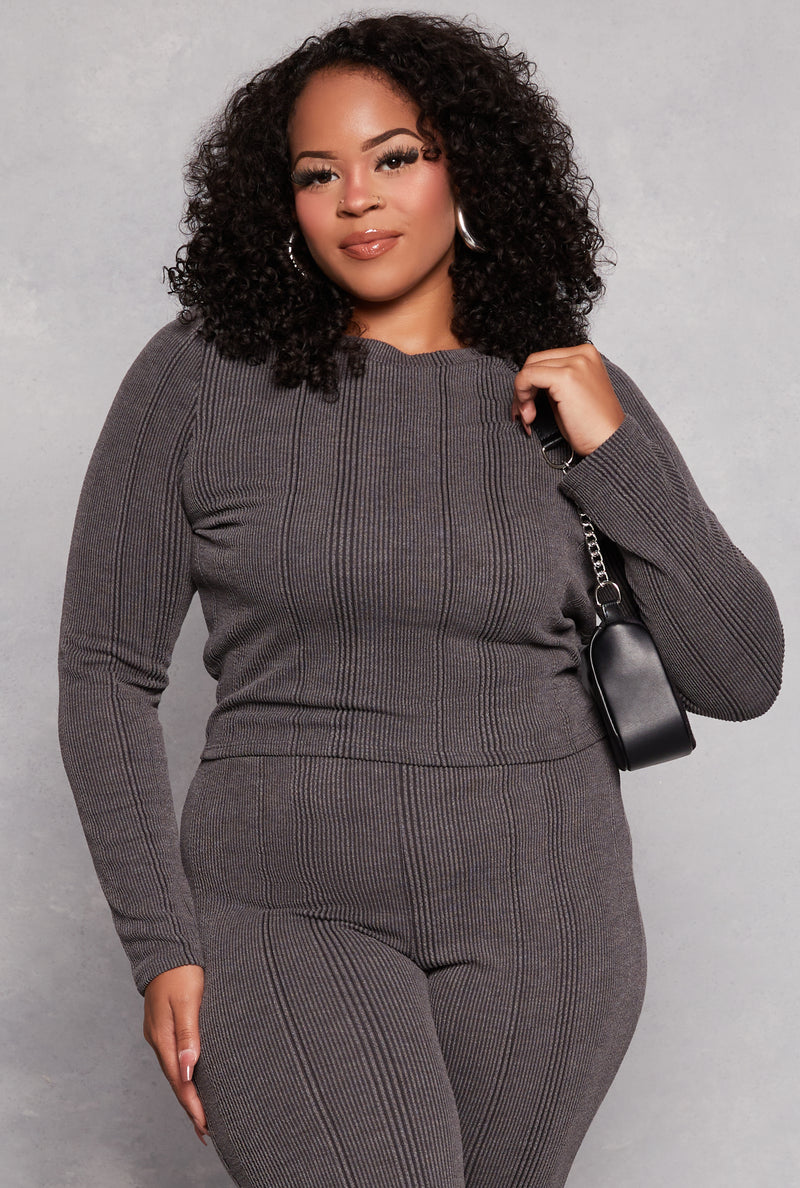 Plus Size Ribbed Crew Neck Long Sleeve Top