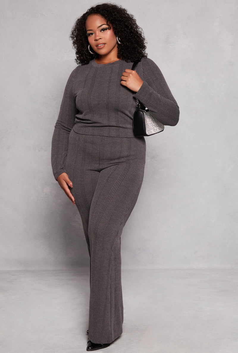 Plus Size Ribbed Crew Neck Long Sleeve Top