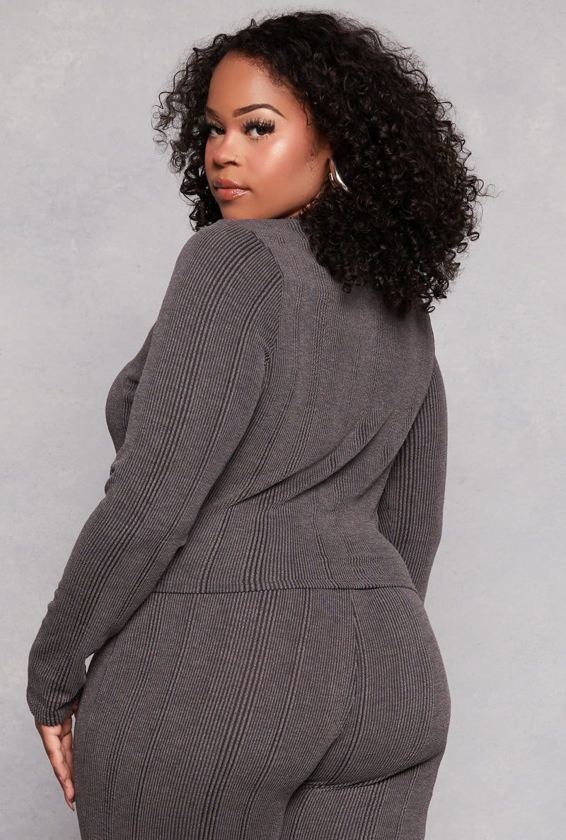 Plus Size Ribbed Crew Neck Long Sleeve Top