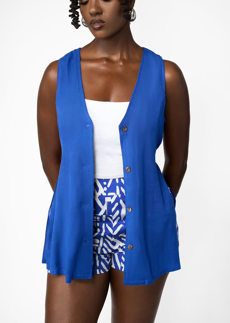 Rakiya Women's African Print High-Waisted  Shorts (White Cobalt Tribal)