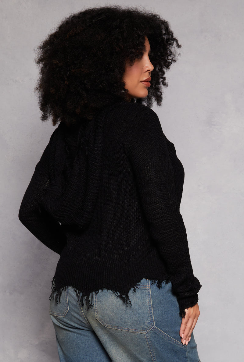 Plus Size Distressed Pullover Hooded Sweater