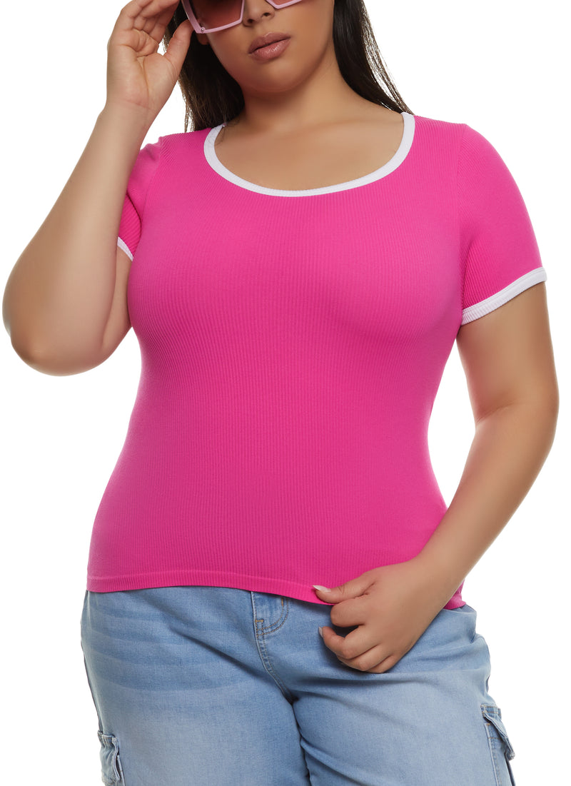 Plus Size Rib Knit Seamless Ringer Tee