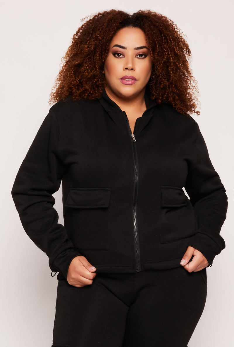 Plus Size Fleece Cargo Pocket Zip Hoodie