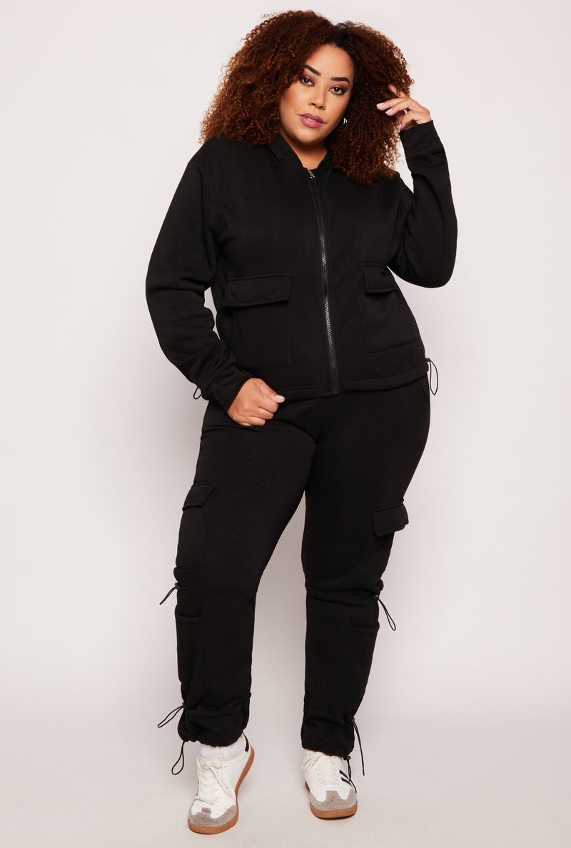 Plus Size Fleece Cargo Pocket Zip Hoodie
