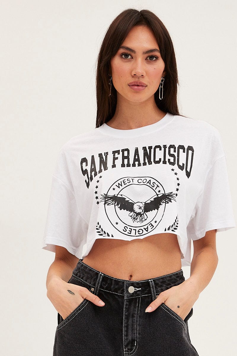 White Graphic T Shirt Short Sleeve Crop