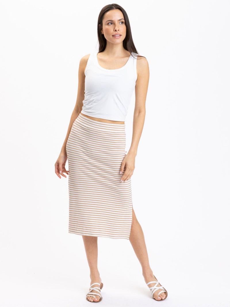 Adella Stripe Feather Rib Side-Slit Midi Skirt
