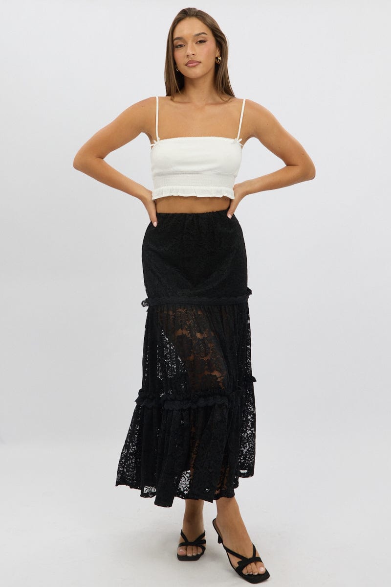 Black Lace Maxi Skirt Elastic Waist Tiered Lined