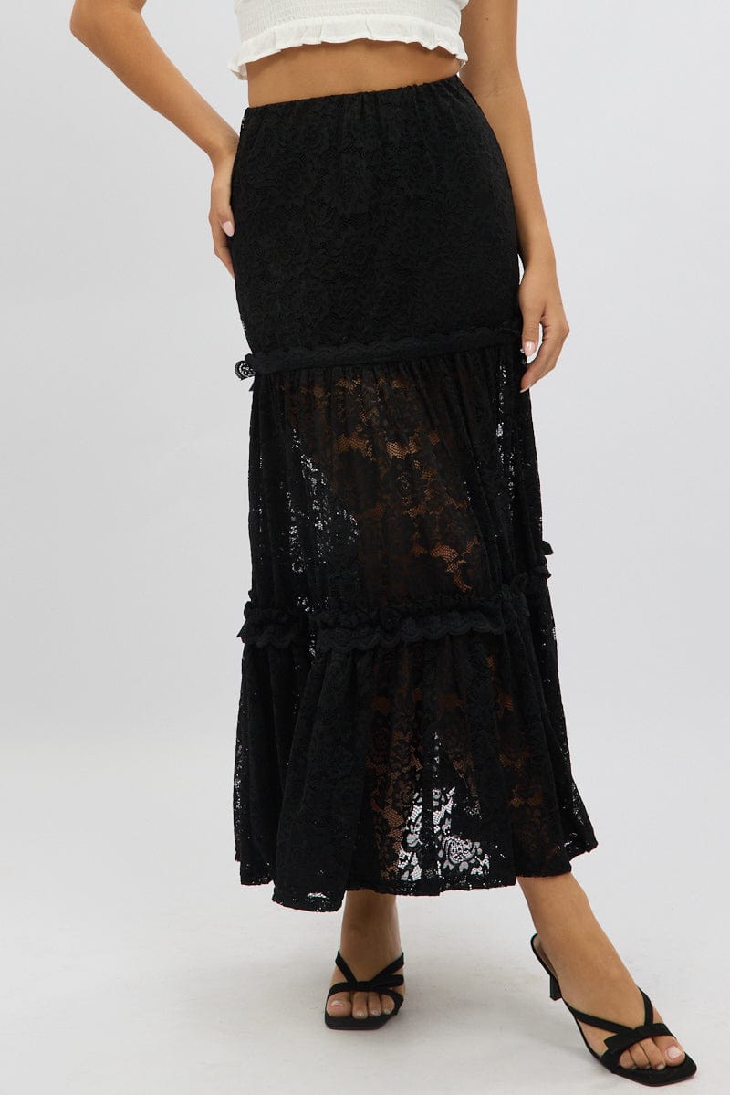 Black Lace Maxi Skirt Elastic Waist Tiered Lined