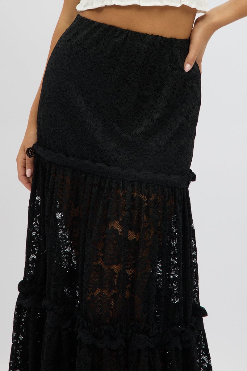 Black Lace Maxi Skirt Elastic Waist Tiered Lined