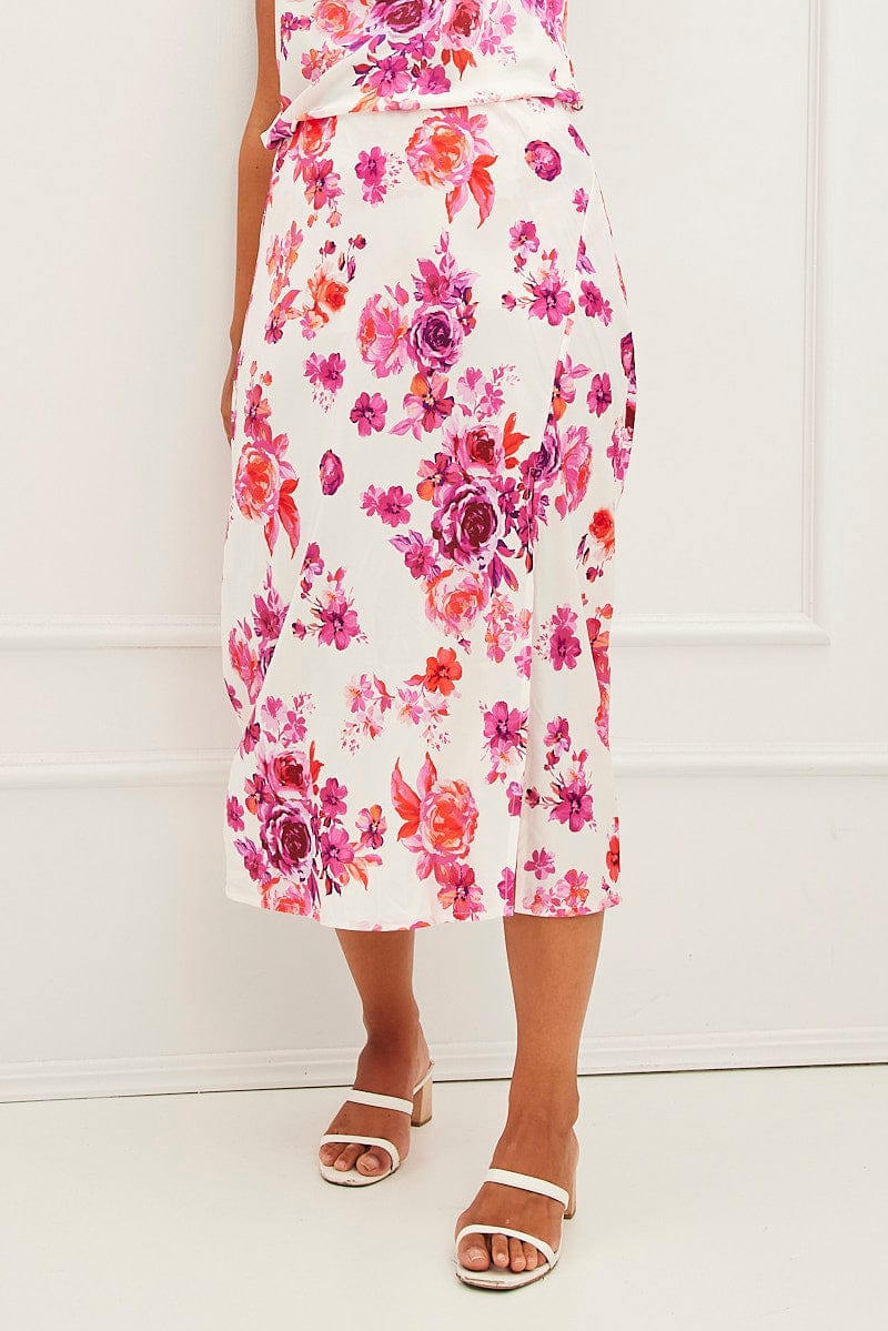 Pink Floral Midi Skirt High Waist Split Satin