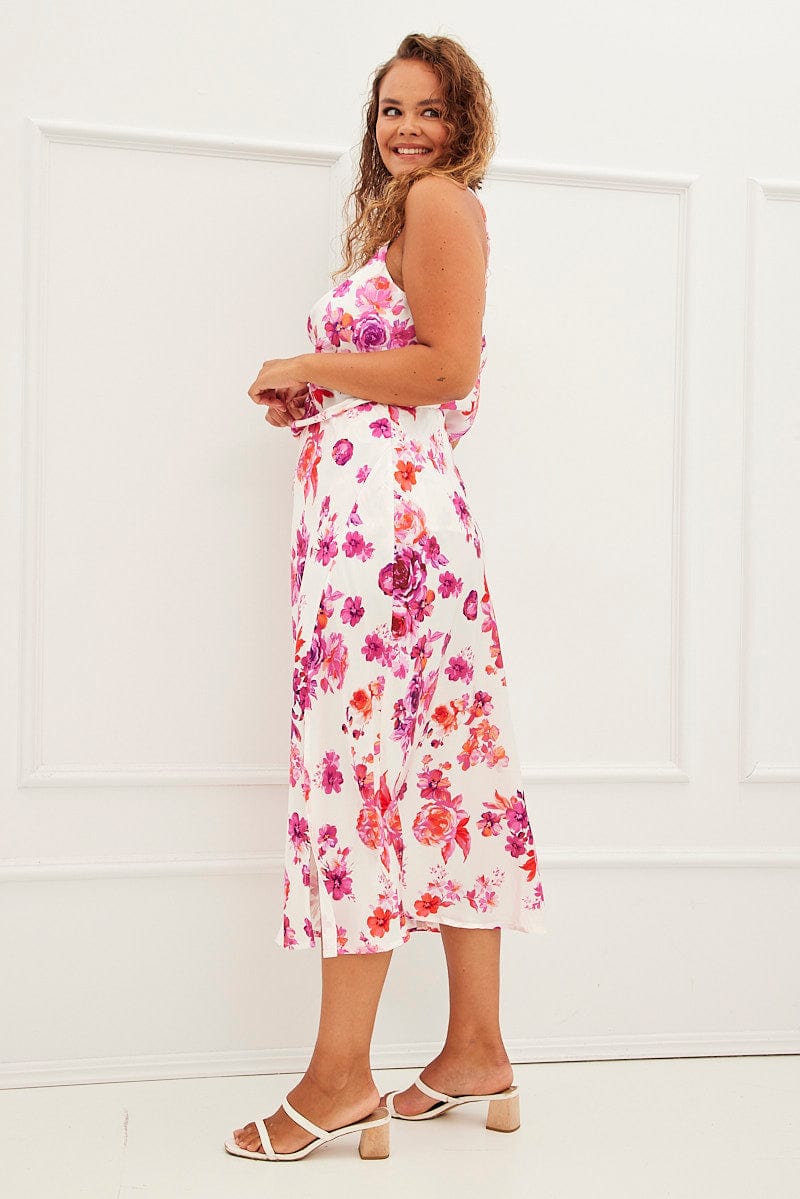 Pink Floral Midi Skirt High Waist Split Satin