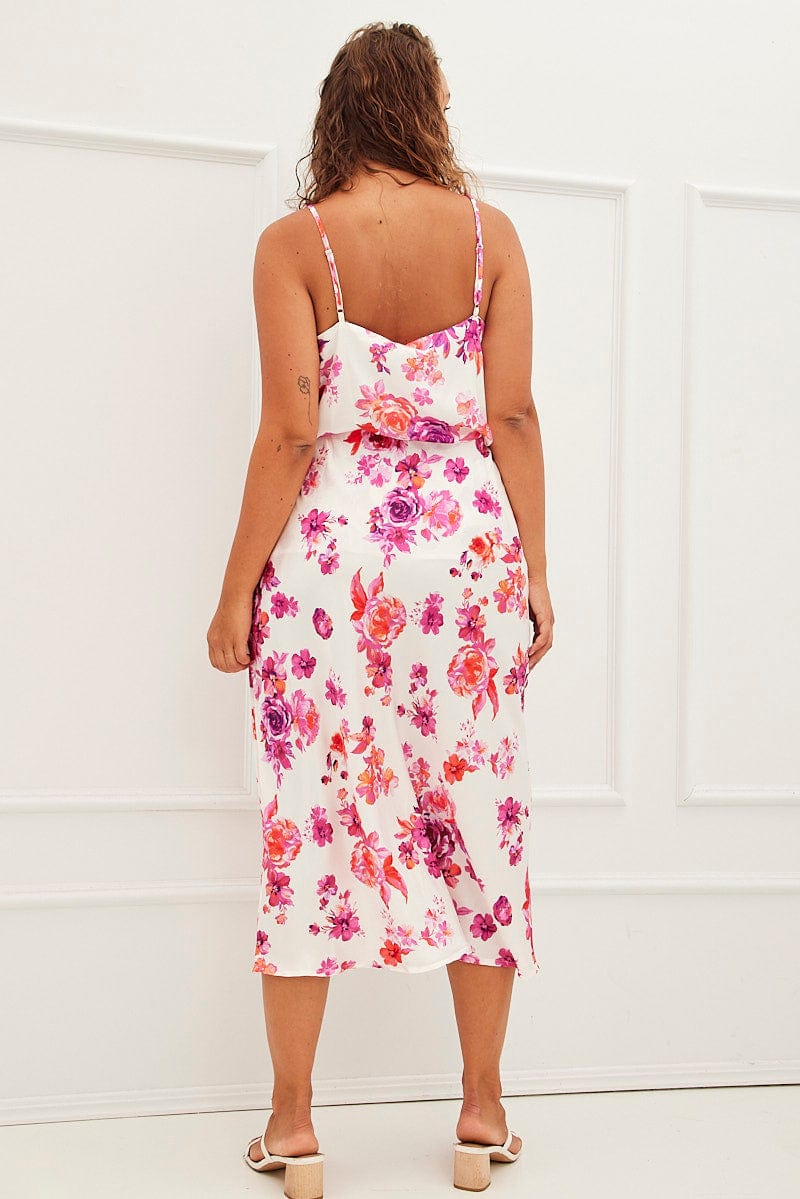 Pink Floral Midi Skirt High Waist Split Satin