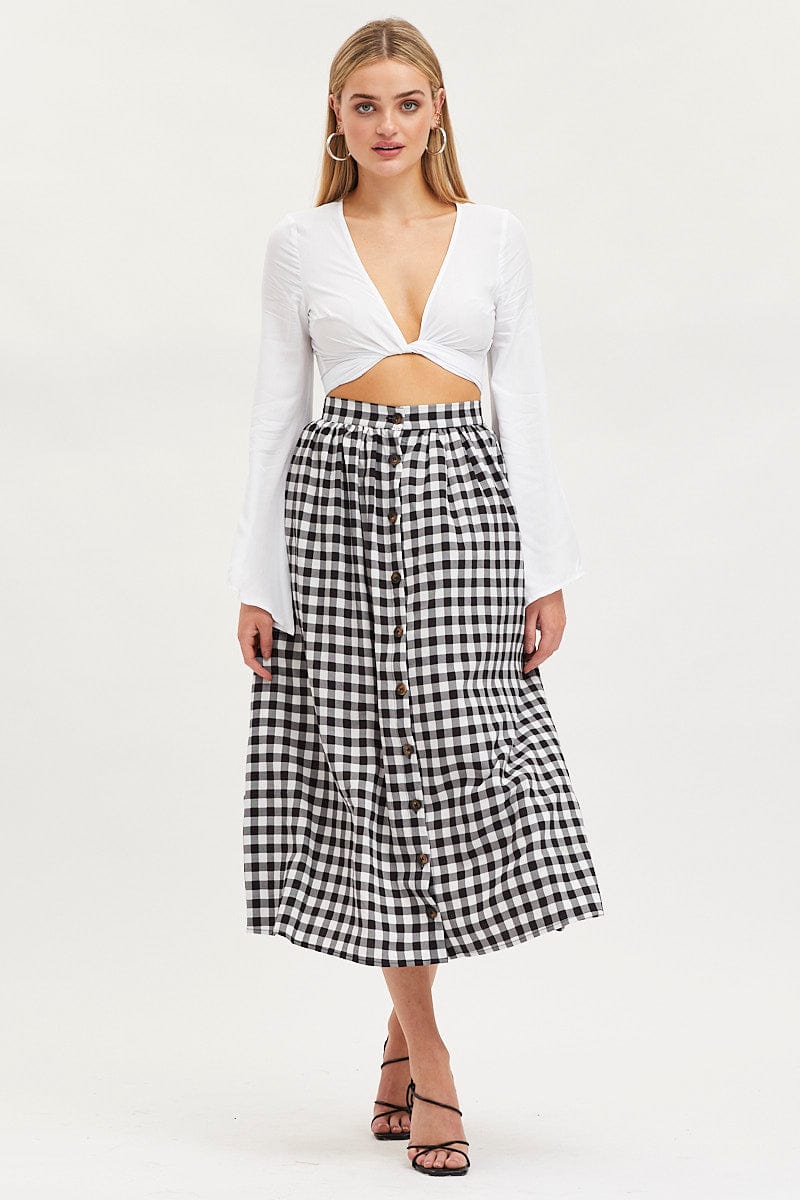Check Midi Skirt High Rise Button Down