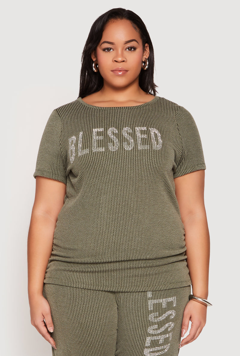 Plus Size Ribbed Knit Rhinestone Blessed Top