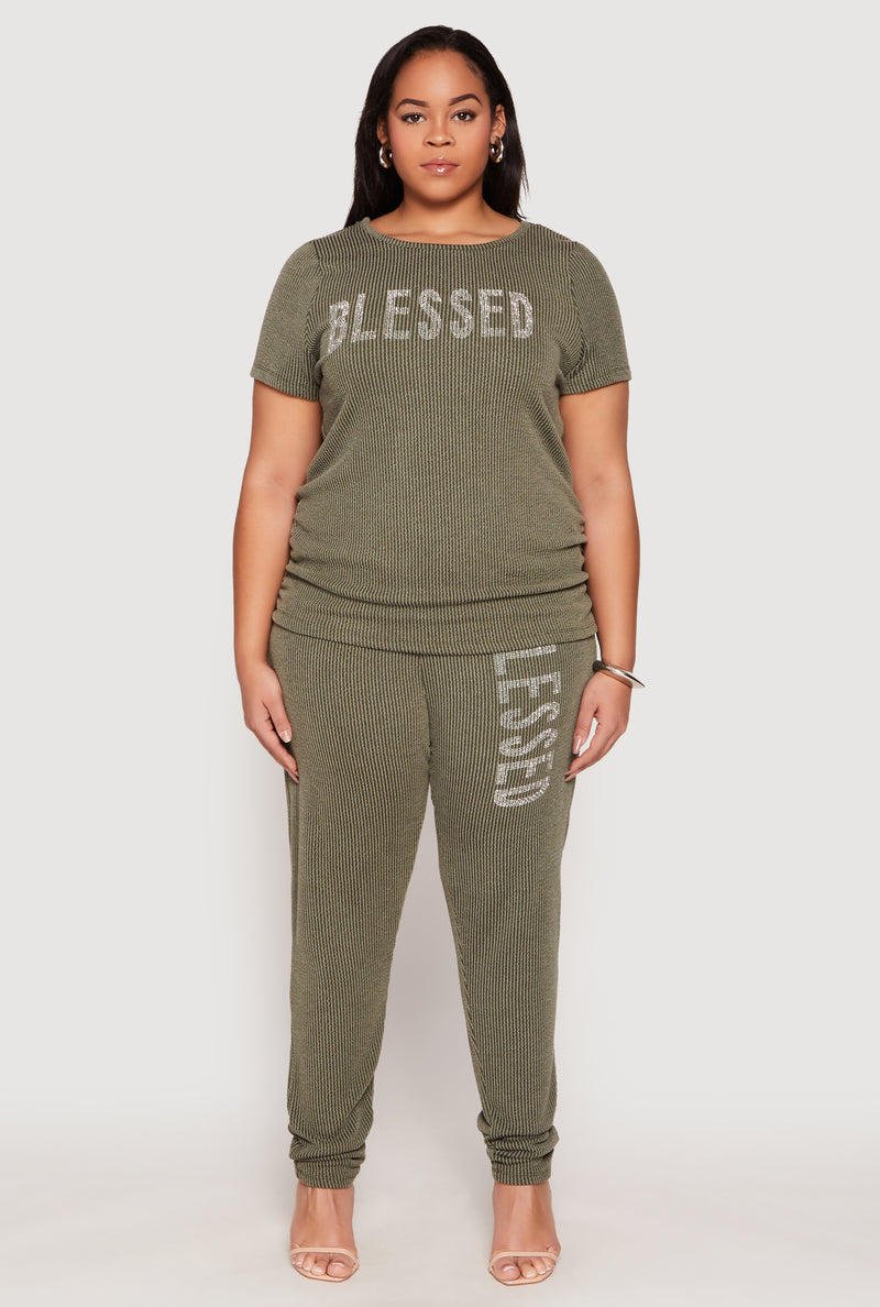 Plus Size Ribbed Knit Rhinestone Blessed Top
