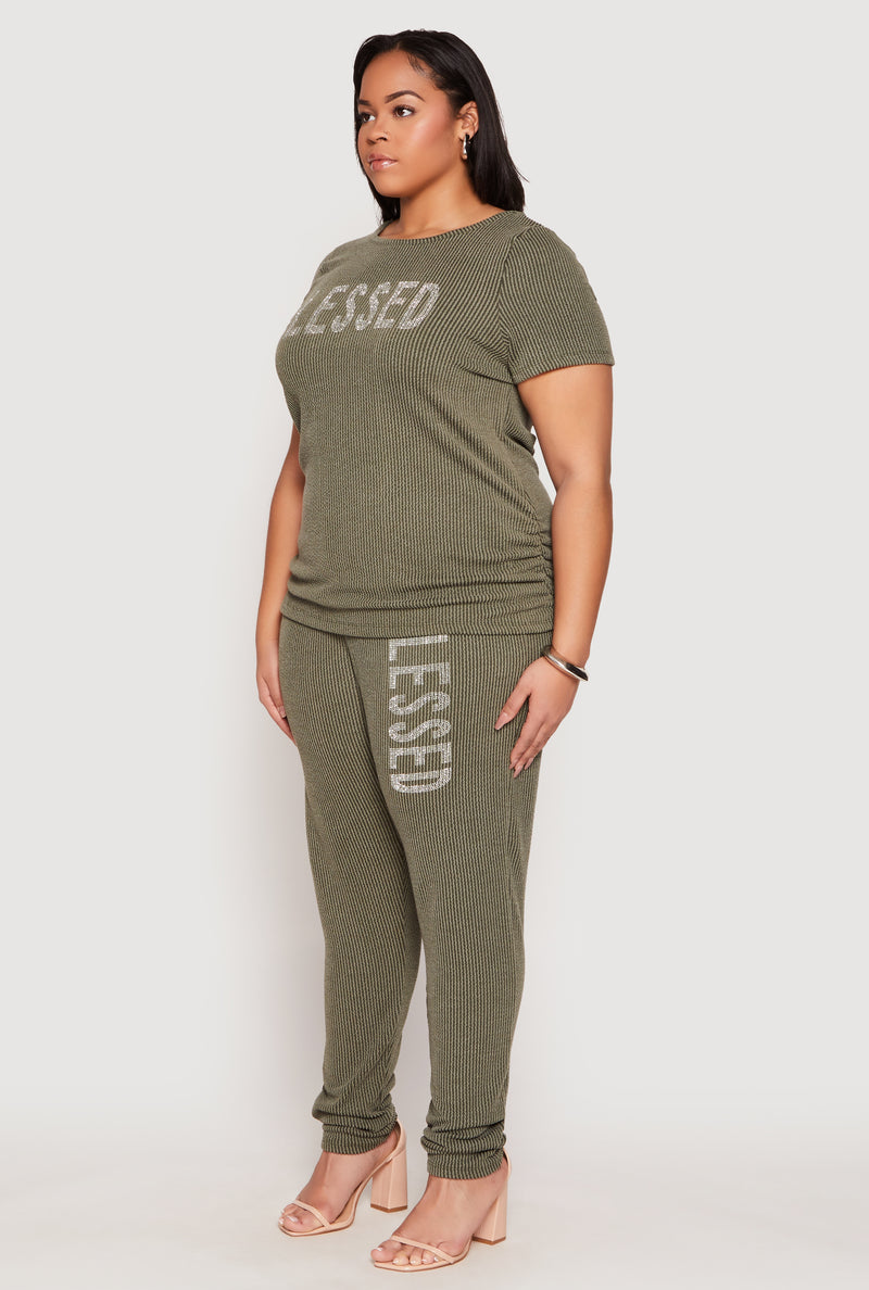 Plus Size Ribbed Knit Rhinestone Blessed Top