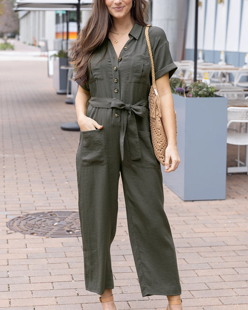 Short Sleeve Utility Army Wide Leg Jumpsuit