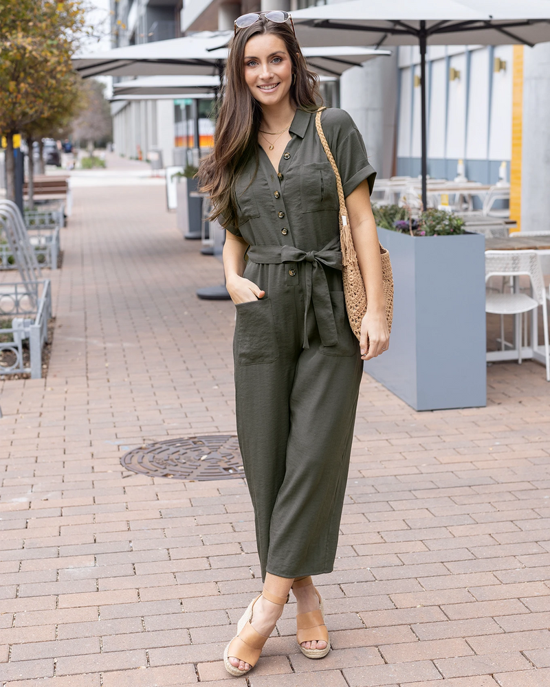 Short Sleeve Utility Army Wide Leg Jumpsuit