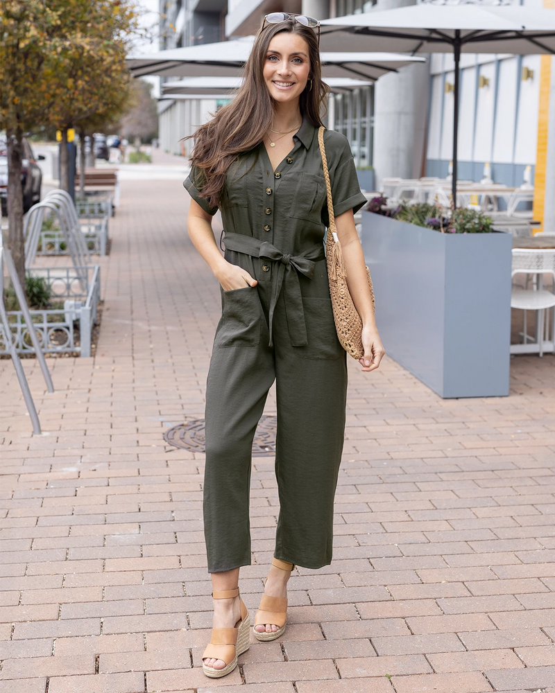 Short Sleeve Utility Army Wide Leg Jumpsuit