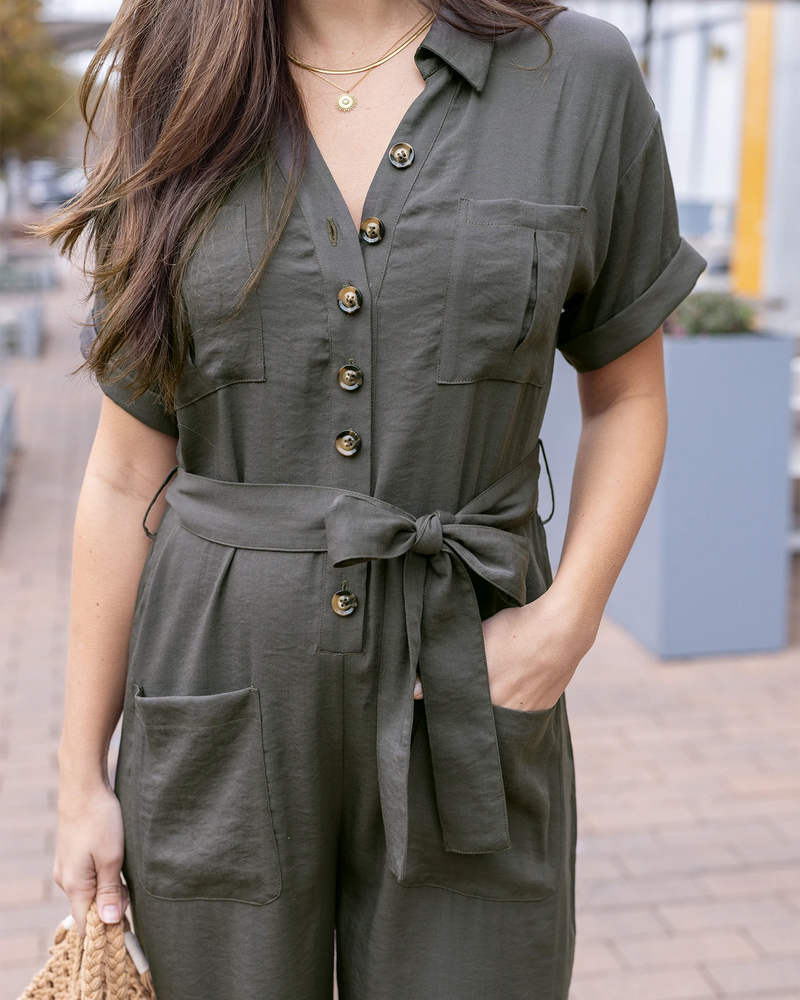Short Sleeve Utility Army Wide Leg Jumpsuit