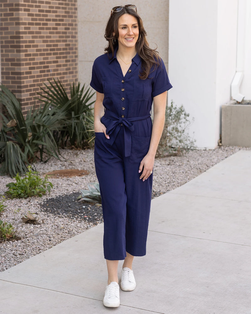 Short Sleeve Utility Navy Wide Leg Jumpsuit