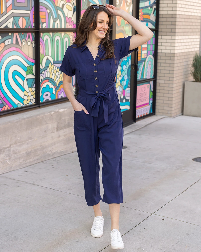 Short Sleeve Utility Navy Wide Leg Jumpsuit