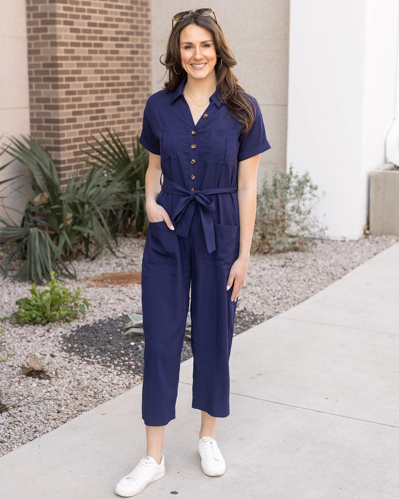 Short Sleeve Utility Navy Wide Leg Jumpsuit