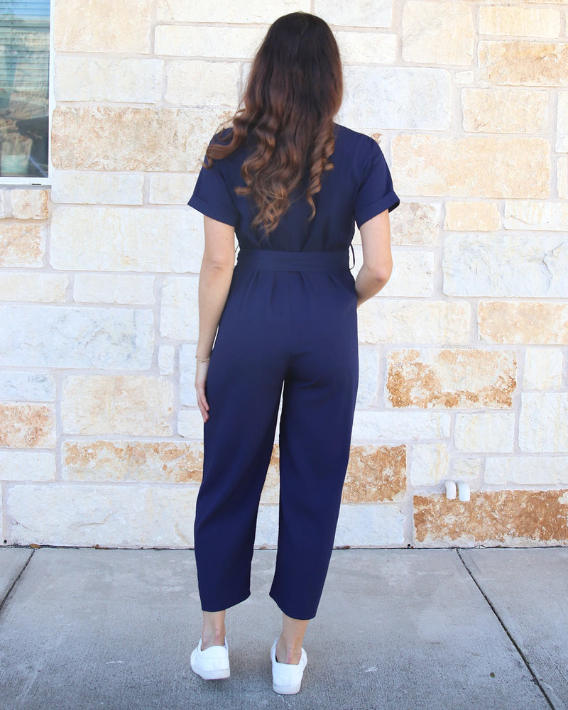 Short Sleeve Utility Navy Wide Leg Jumpsuit