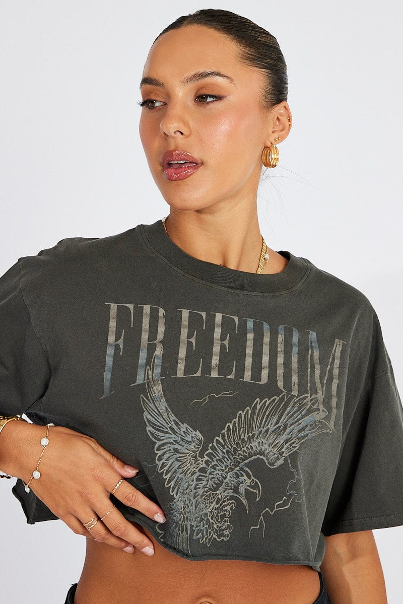 Grey Graphic Tee Short Sleeve Crop Round Neck