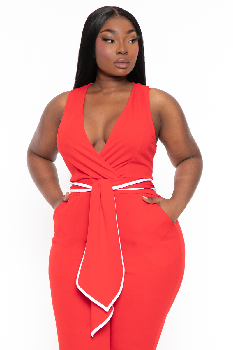 Plus Size Marisa Front Tie Jumpsuit- Red