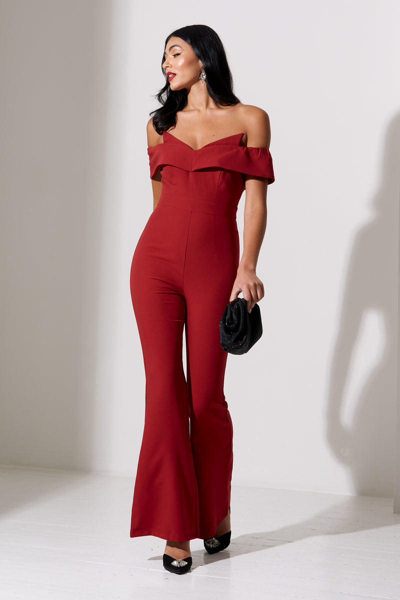 CHELSEA BARDOT FLARE JUMPSUIT - OXBLOOD RED