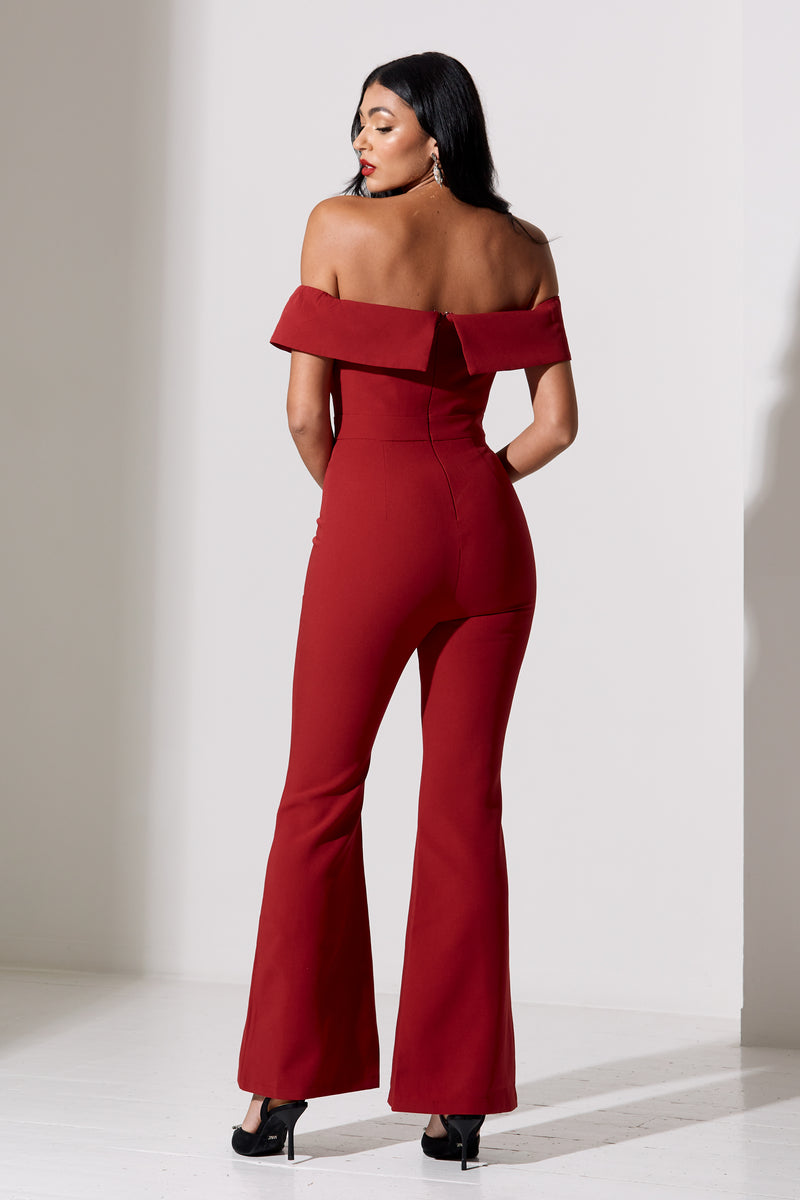 CHELSEA BARDOT FLARE JUMPSUIT - OXBLOOD RED