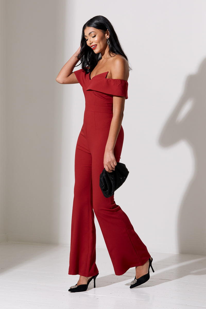 CHELSEA BARDOT FLARE JUMPSUIT - OXBLOOD RED