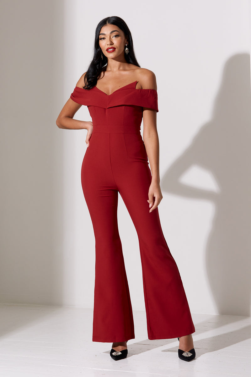 CHELSEA BARDOT FLARE JUMPSUIT - OXBLOOD RED