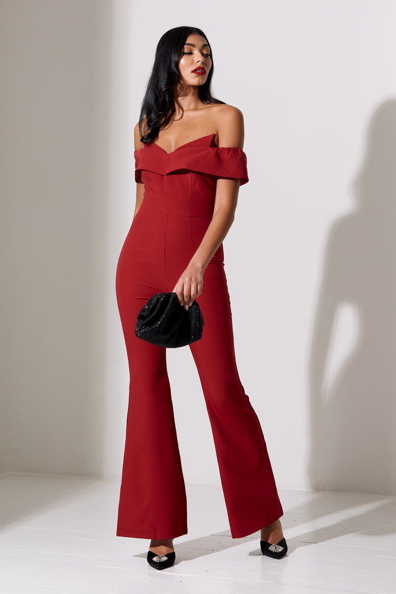 CHELSEA BARDOT FLARE JUMPSUIT - OXBLOOD RED