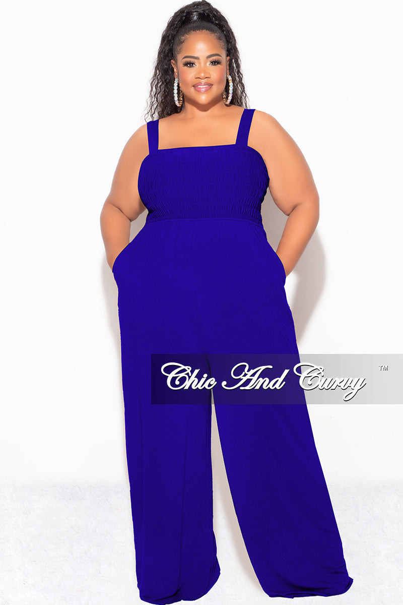 Final Sale Plus Size Sleeveless Shirred Jumpsuit in Royal Blue