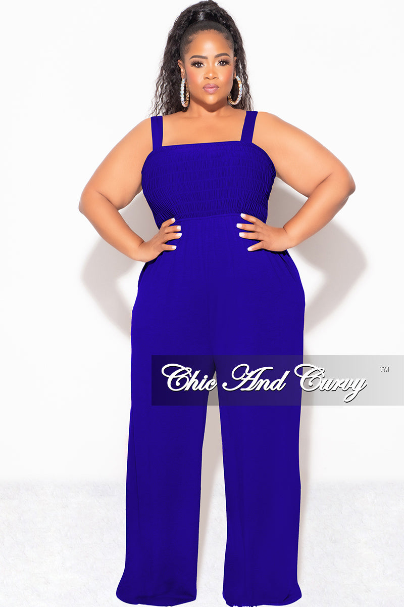 Final Sale Plus Size Sleeveless Shirred Jumpsuit in Royal Blue