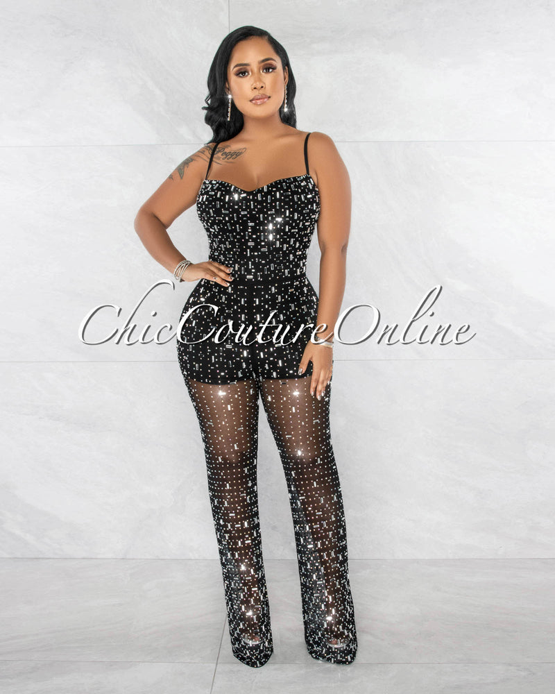 *Nikola Black Silver Rhinestones Mesh Sheer Legs Jumpsuit