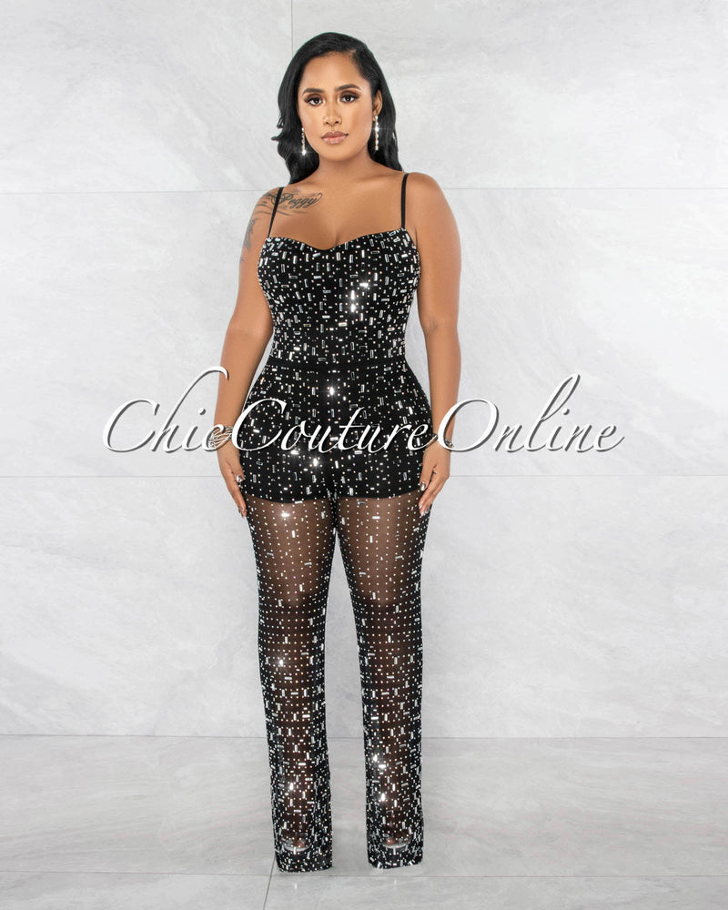 *Nikola Black Silver Rhinestones Mesh Sheer Legs Jumpsuit