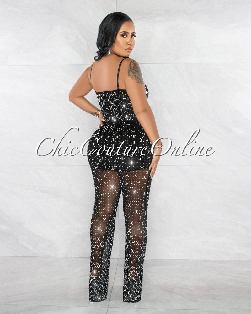 *Nikola Black Silver Rhinestones Mesh Sheer Legs Jumpsuit