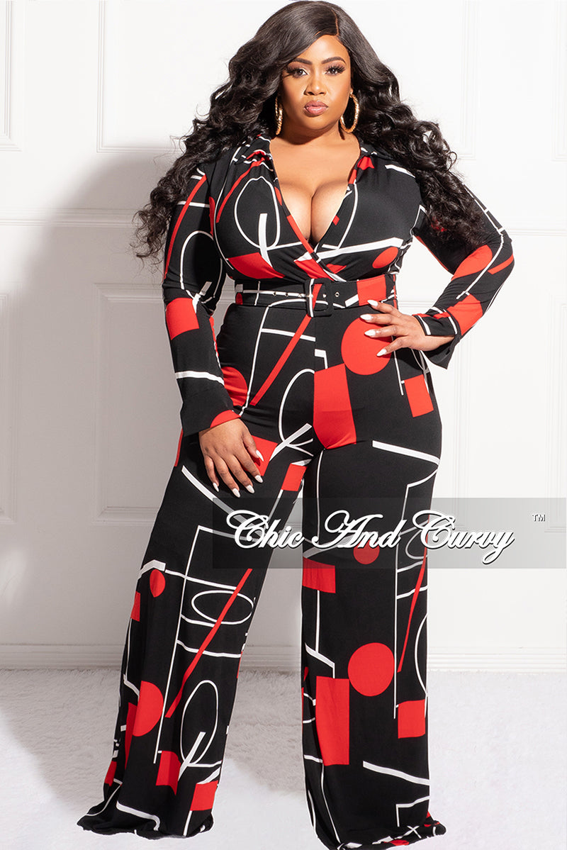 Final Sale Plus Size Collar Faux Wrap Jumpsuit with Waist Tie in Black, Red, & White Print