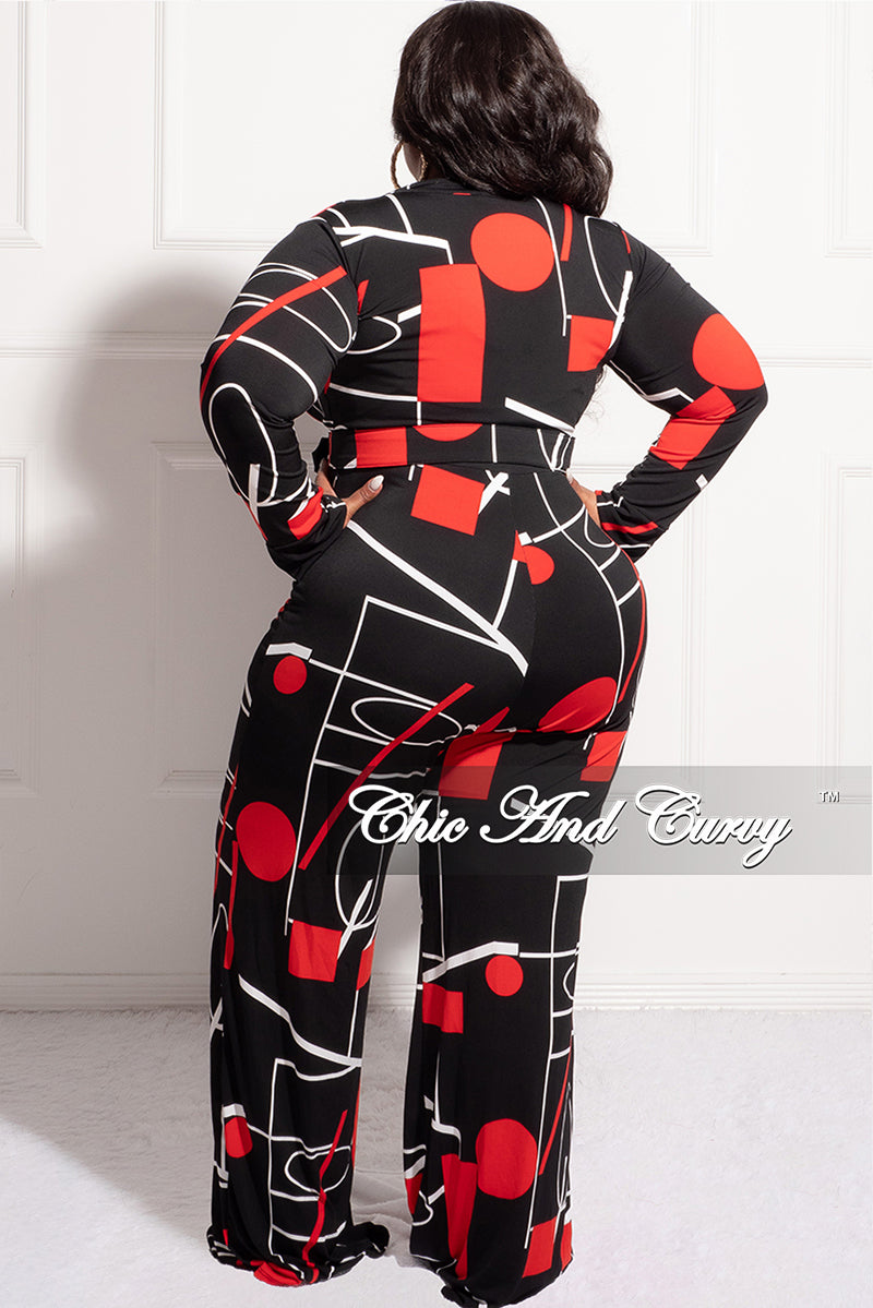 Final Sale Plus Size Collar Faux Wrap Jumpsuit with Waist Tie in Black, Red, & White Print