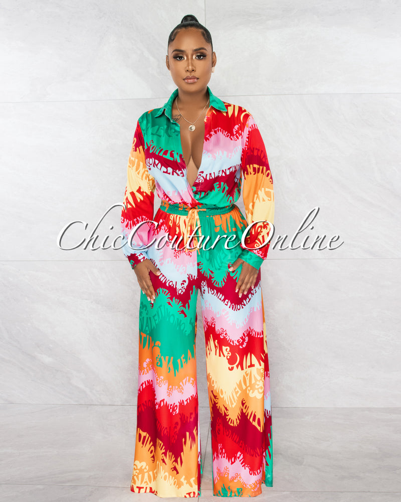 *Tabitha Green Red Multi-Color Retro Print Deep V-Neck Jumpsuit
