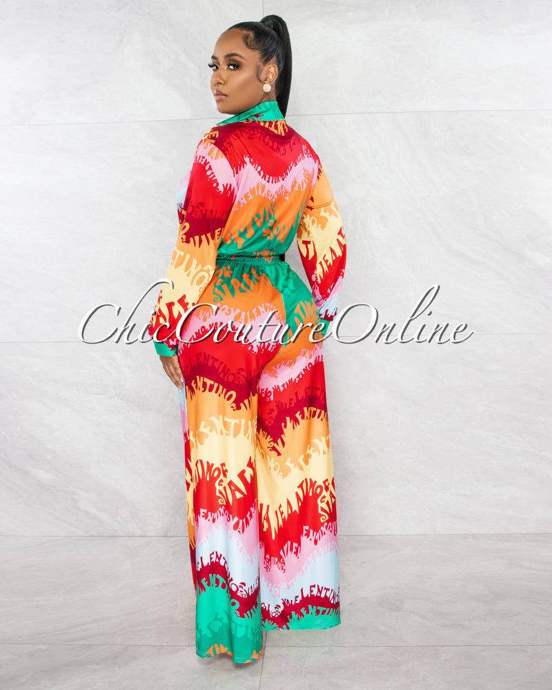 *Tabitha Green Red Multi-Color Retro Print Deep V-Neck Jumpsuit