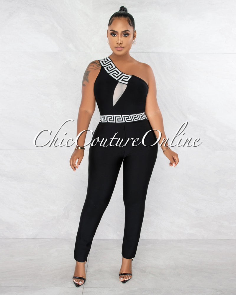 *Linnea Black White Fret Trim Single Shoulder Bandage Jumpsuit
