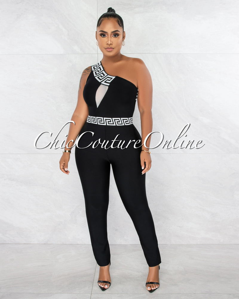 *Linnea Black White Fret Trim Single Shoulder Bandage Jumpsuit
