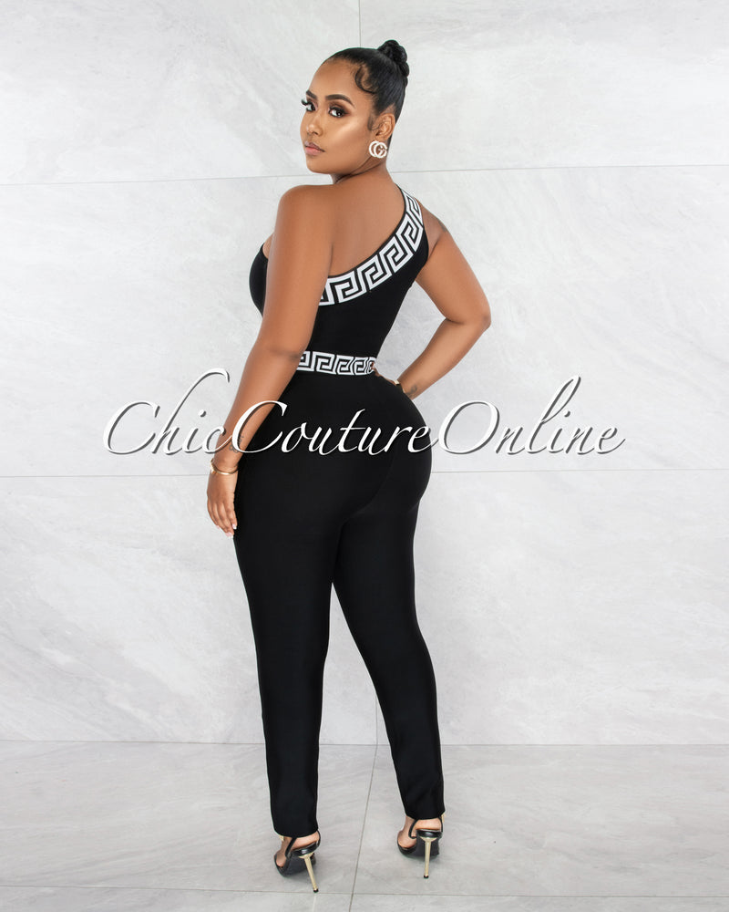 *Linnea Black White Fret Trim Single Shoulder Bandage Jumpsuit