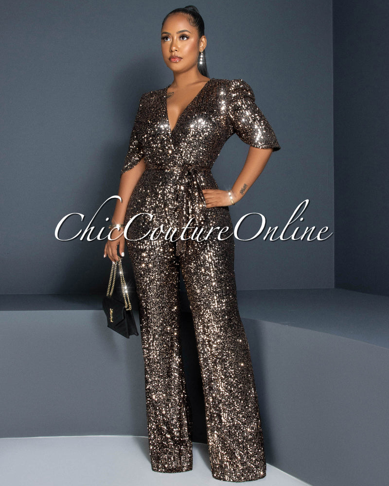 *Mellie Gold Black Sequins Bubble Sleeves Jumpsuit