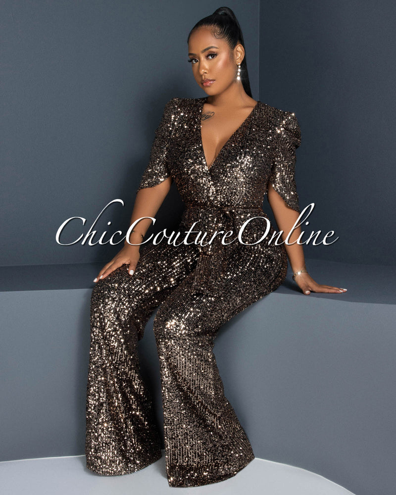 *Mellie Gold Black Sequins Bubble Sleeves Jumpsuit