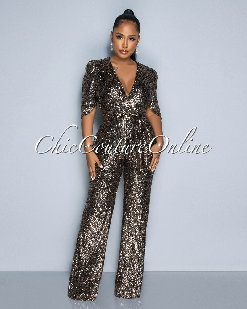 *Mellie Gold Black Sequins Bubble Sleeves Jumpsuit